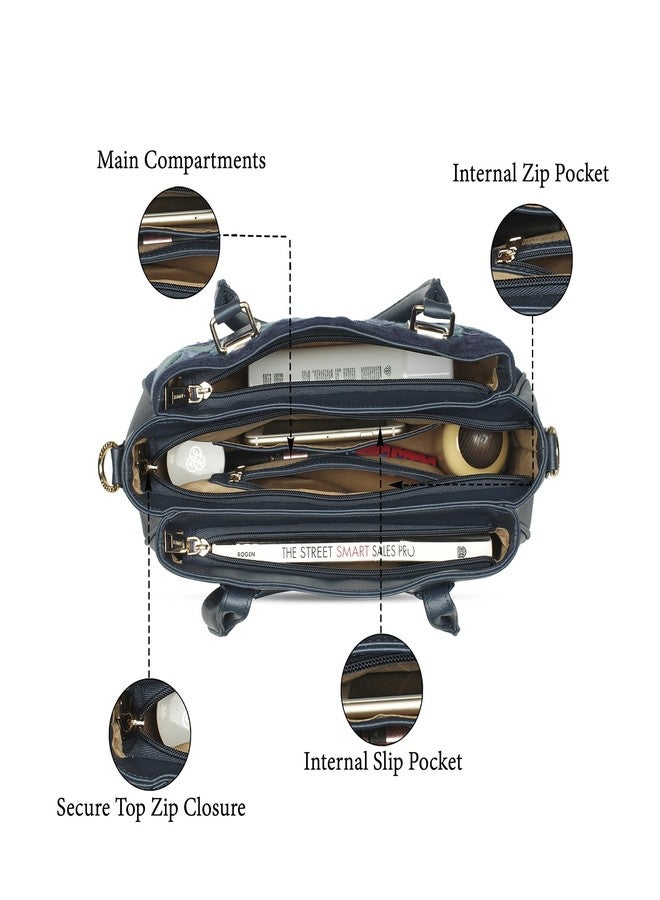 كابريس حقيبة كابريس سيجي تريسانا الكبيرة للنساء | حقيبة يد مطرزة بتطريز كاشيدا مع حزام قابل للتعديل والفصل و3 جيوب واسعة | حقيبة يد أنيقة للعمل والسفر والاستخدام اليومي (أزرق) - Image 4